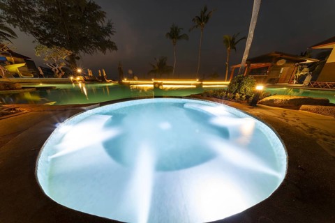 Illuminated swimming pool on the island of Koh Chang, Andaman Sea, Southern Thailand, Thailand