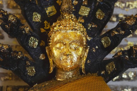 Buddha decorated with gold leaf, meditating under the protection of a seven-headed Naga snake, Phra