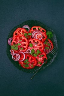Freshly sliced tomatoes and red onions, garnished with herbs, on a black plate, summer salad, no