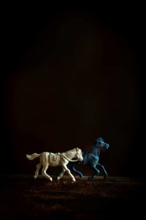 Two toy horses, one white and one blue, gallop side by side against a dark backdrop, capturing a