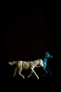 Two toy horses are captured in motion, one galloping energetically while the other walks gracefully