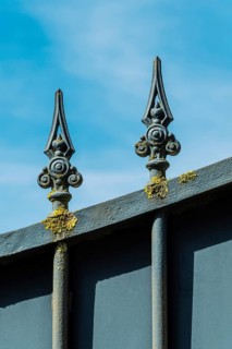 An iron fence with intricate finials stands against a bright blue sky, showcasing yellow-green moss