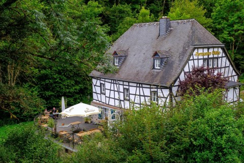 Pyrmont Mill on the Elzbach, at Pyrmont Castle, Southern Eifel, Rhineland-Palatinate, Germany