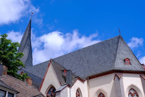 Twisted tower, parish church of St Clemens, Mayen, Vulkaneifel, Eifel, Rhineland-Palatinate,