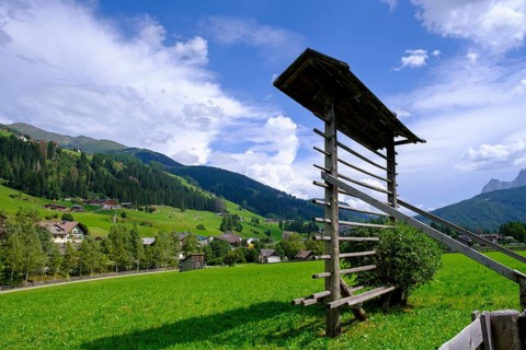 Wooden rack for drying hay, Sesto, Dolomites, Val Pusteria, South Tyrol, Italy