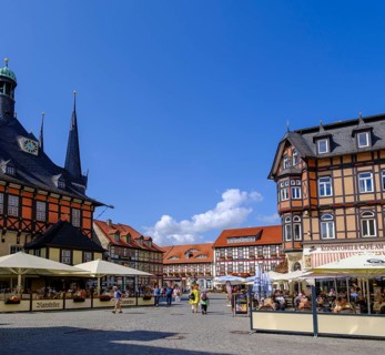 Half-timbered houses on the market square, Wernigerode, Harz, Saxony-Anhalt, Germany
