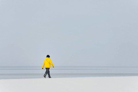 Winter day, onset of winter, person walking over a snow-covered dyke, North Sea, Norddeich, Lower