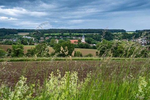 View of Münchsteinach from the Gigantic Bench, Steigerwald nature park Park, Middle Franconia,