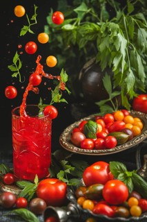 Tomatoes fall into a jar with tomato juice surrounded by herbs