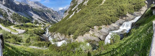 Panoramic view of the southern ascent to the descent from the Stelvio Pass Alpine pass, with the