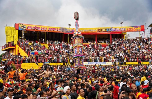 JOWAI, INDIA - JULY 14: People from the Pnar community march in a circle around a Rot as they