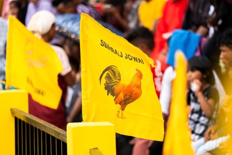 JOWAI, INDIA - JULY 14: A flag featuring a hen during celebrate an event organised to mark the