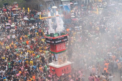 People from the Pnar community move around a Rot themed Operation Sindoor as they celebrate an