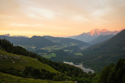 Magical sunset at the Halsalm above the Hintersee with views of the Hoher Göll and Untersberg