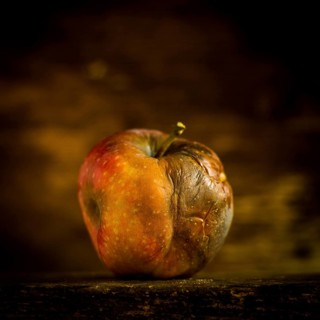 A decaying apple sits on a wooden surface, showcasing its wrinkled skin and faded color against a