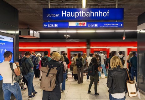 Stuttgart main station with S-Bahn. People on the platform waiting for their train. Stuttgart,