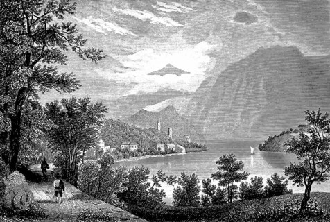 Lago di Como, Lake Como on the southern edge of the Alps, idyllic mountain landscape, hikers on the