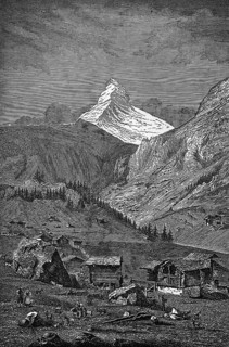 The famous Matterhorn, snow, alpine pasture, meadow with wooden huts, rocks, farmers, tourist