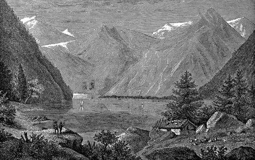 Lake Königsee, idyllic mountain landscape, snow-covered mountains, fir trees, sailing boats,