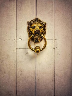 A striking golden lion door knocker captures attention, proudly mounted on a weathered white wooden