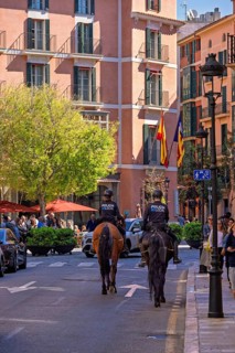 Mounted police on horses on a city street with houses in Palma city with walking tourists on the