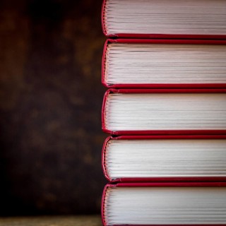 Books are stacked vertically, showcasing their red spines and crisp white pages against a deep