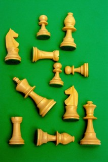 A group of fine wooden chess pieces is displayed, showcasing the knight, pawn, rook, bishop, queen,