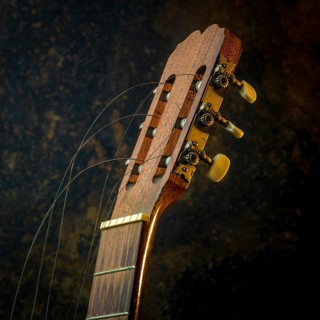 A classical guitar is positioned prominently, showcasing its intricate wooden design and broken