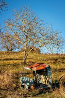 A weathered vehicle rests in a secluded field in Auvergne-Rhone-Alpes, France. Surrounded by tall