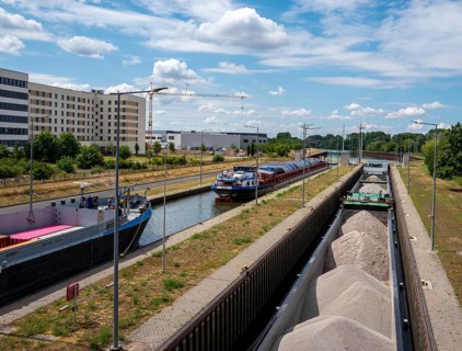 Barges in the Edersheim lock near Hattersheim, Hesse, Germany
