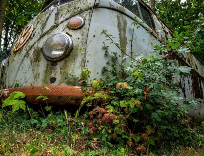 Old, weathered VW bus parked in a wooded area, Hesse, Germany