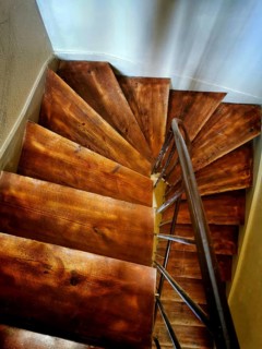 A wooden spiral staircase descends into a bright lower level, showcasing rich grain patterns and a