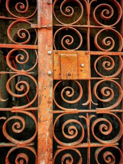A weathered iron gate showcases detailed swirling patterns, highlighting years of exposure to the