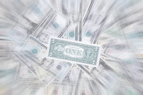Various US dollar notes in a pile, banknotes, zoom effect