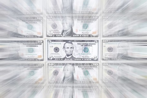 US dollar notes, 10 dollars, 5 dollars, banknotes, zoom effect