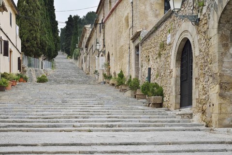 Staircase Carrer del Calvari to the Calvary, Pollenca, Majorca, Balearic Islands, Spain