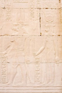 Relief of the crocodile god Sobek and the goddess Isis, double temple of Kom Ombo, Kom Ombo, Egypt