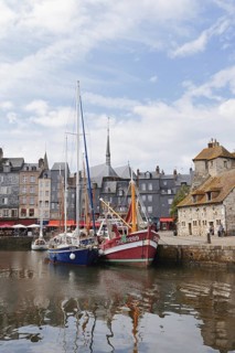 Sailing boat and fishing boat in the Vieux Bassin harbour basin, Honfleur, Cote Fleurie, Pays