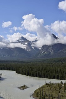 Athabasca River with Mount Christie and Brussels Peak, Icefields Parkway, Jasper National Park,