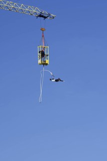 Woman bungy jumping, bungy jumping, Scheveningen, The Hague, South Holland, Netherlands