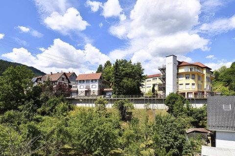 Forbach, Germany - July 12th 2025: Buildings surrounded by trees in Forbach. Scenic summer view of