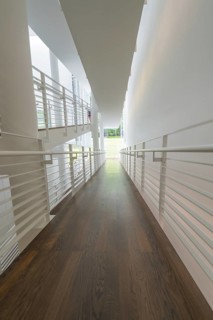 Long corridor in a modern building with a bright design and wooden floor, Frieder Burda Museum,