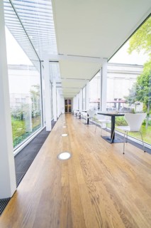 Empty area in a modern café with glass walls and wooden floor, Frieder Burda Museum, Baden Baden,