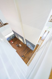 View from above into a modern interior, people moving between the levels, Frieder Burda Museum,