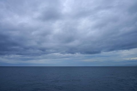 The sea stretches as far as the horizon under a cloudy sky, summer, Cook Strait, North Island,