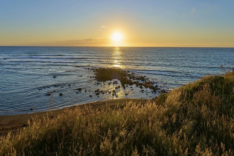 Coastal landscape at sunset, grass in the foreground and the sea in the background, summer,