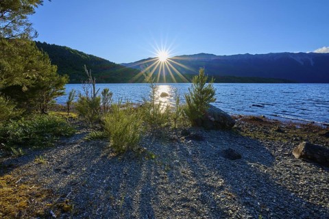 Sunbeams over a lake with mountains and plants in the foreground, summer, Lake Rotoiti, Saint