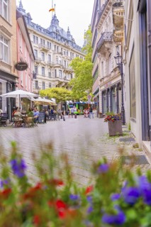 Lively street with cafés and flowers in the foreground, framed by historic buildings, Baden Baden,