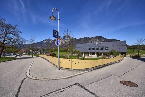 Kindergarten, fence, building, lantern, streets, trees, mountain landscape, mountains, deep blue
