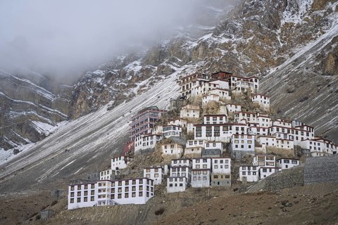 Kye monastery, in winter, snow-covered mountains in the background, Himalayas, Spitital, Kaza,